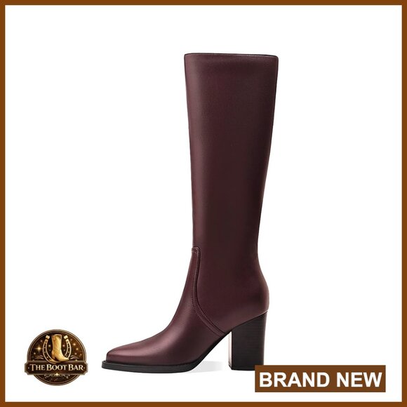 Knee High Boots with Chunky Heel and Pointed Toe in PU Leather